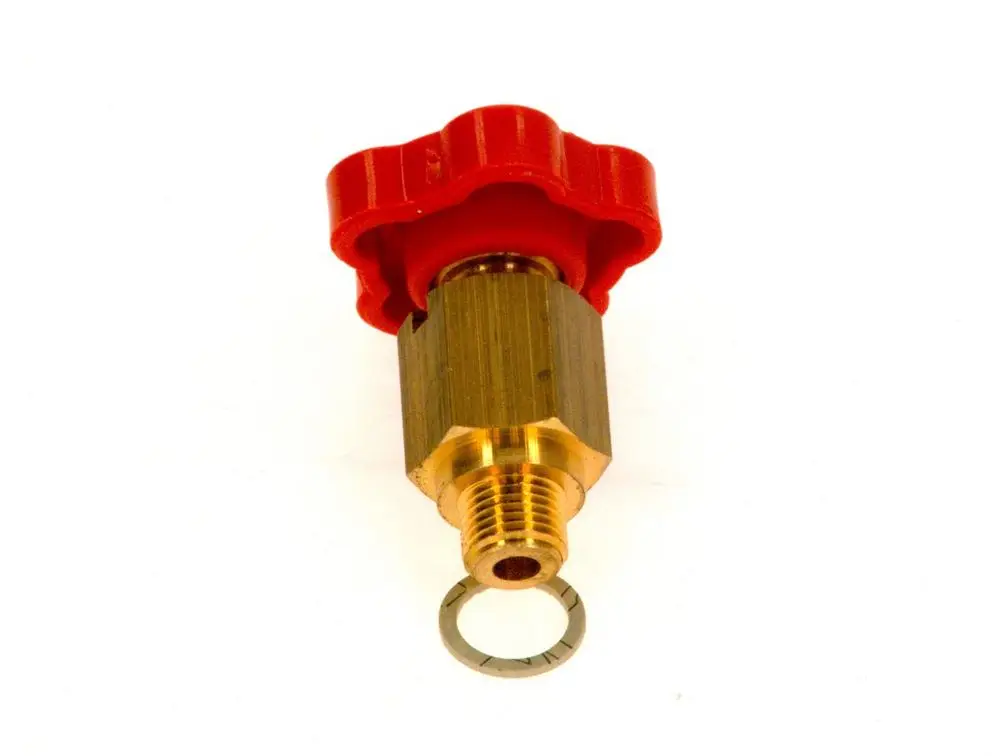 Rotes Auslaufventil mit einer metallischen Basis. Der obere Teil hat eine Griffvorrichtung in Rot. Zu erkennen ist die Marke Bosch.